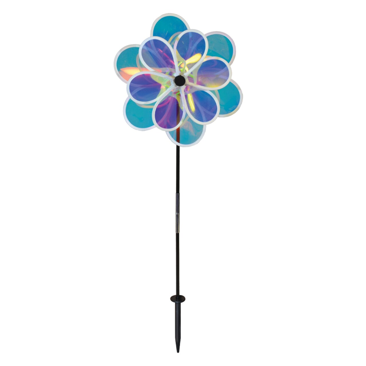 In the Breeze 2665 - 13.5 Inch Iridescent Double Flower Spinner - Outdoor Garden Décor